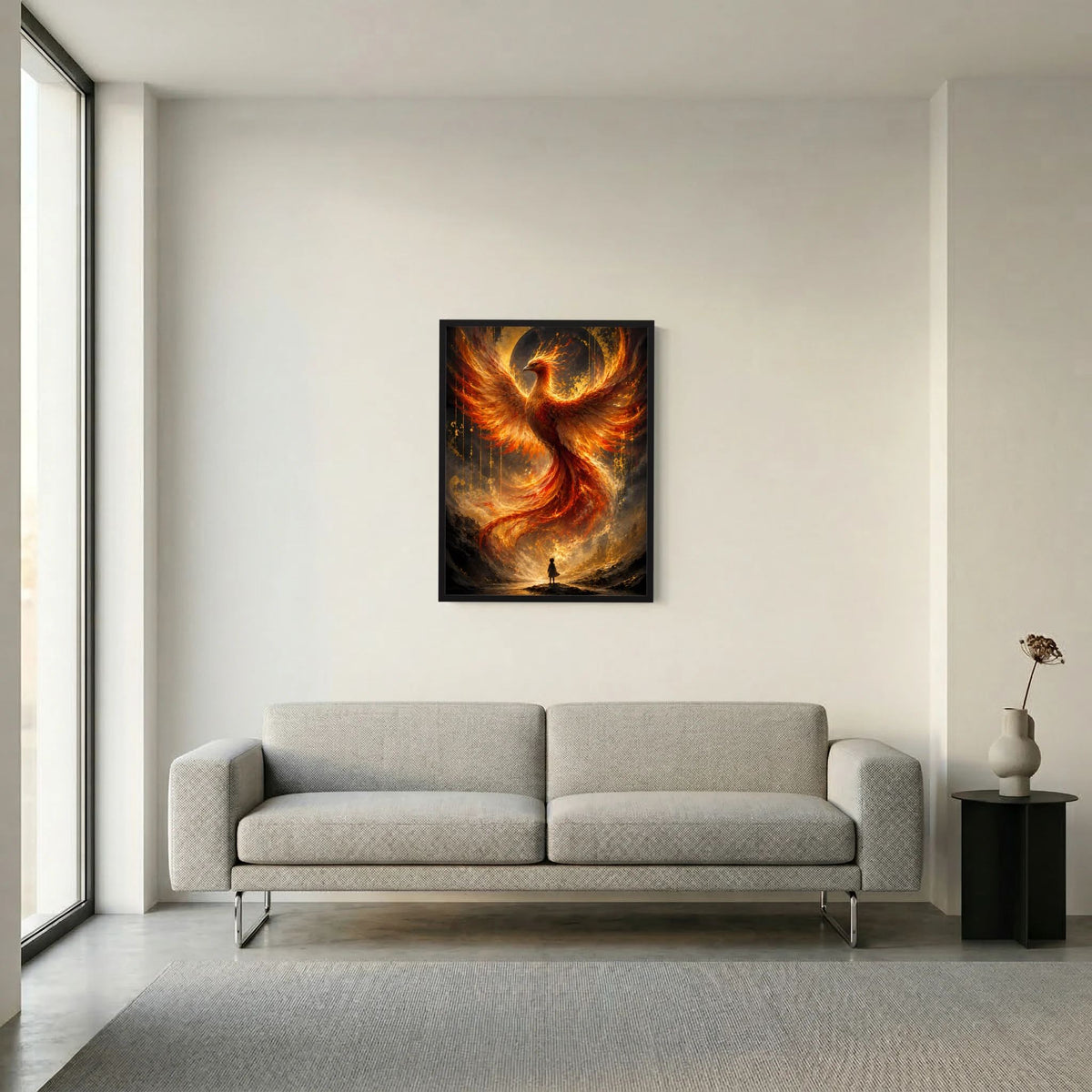 Hochformat-Poster mit Phönix aus Feuer, warmes Gold-Orange, schwarzer Rahmen