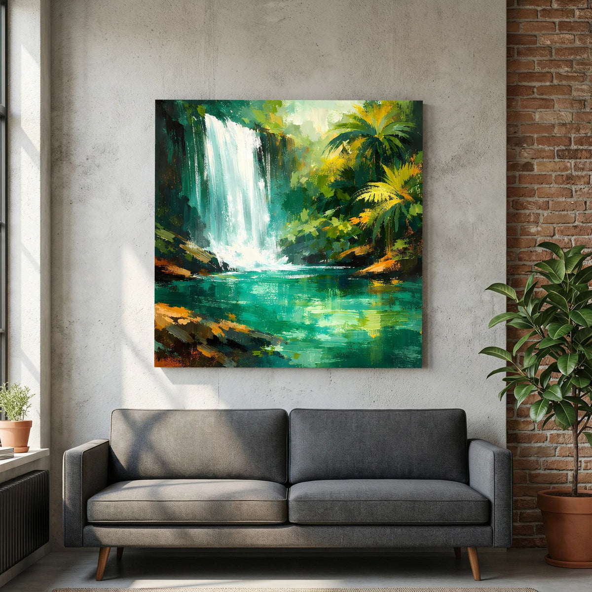Leinwand-Wandbild mit Wasserfallmotiv, grün und türkis gehalten, mit Palmen im Dschungel