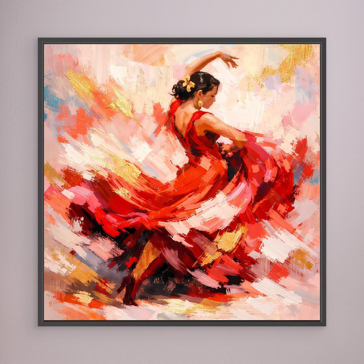 Leinwandbild mit abstrakter Flamencotänzerin in rotem Kleid, schwarzem Haar, dunkler Rahmen