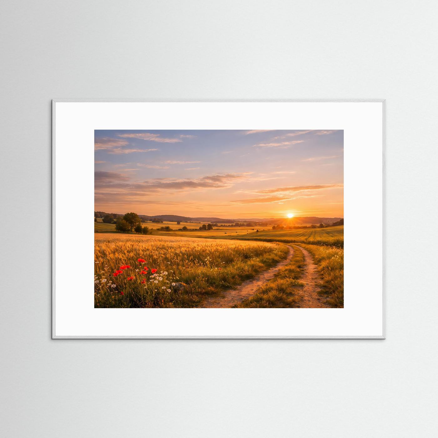 Idyllischer Sonnenuntergang im Kornfeld | Feldweg & Natur Poster Querformat