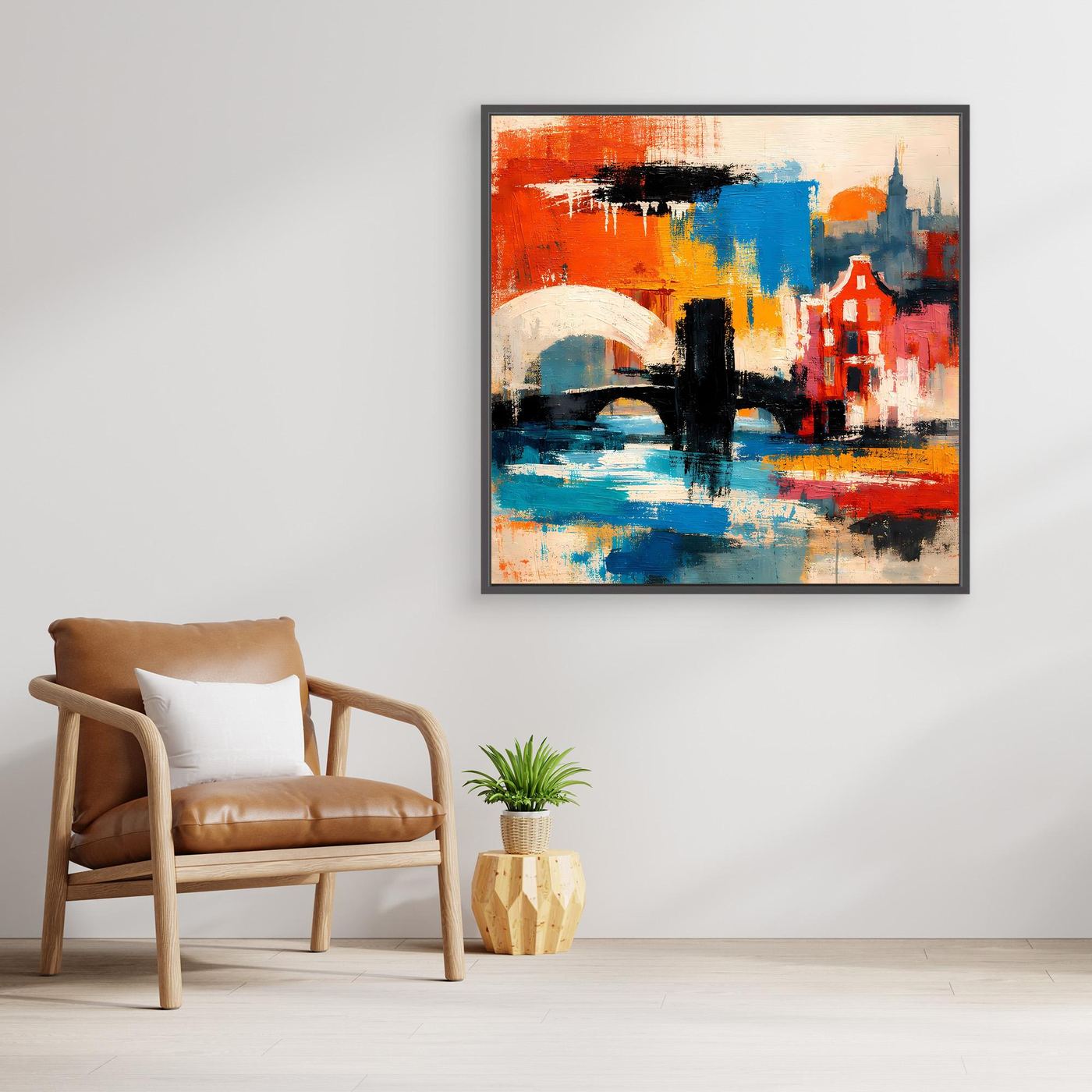 Abstraktes Leinwand-Wandbild mit roten und blauen Stadtmotiven, schwarz gerahmt