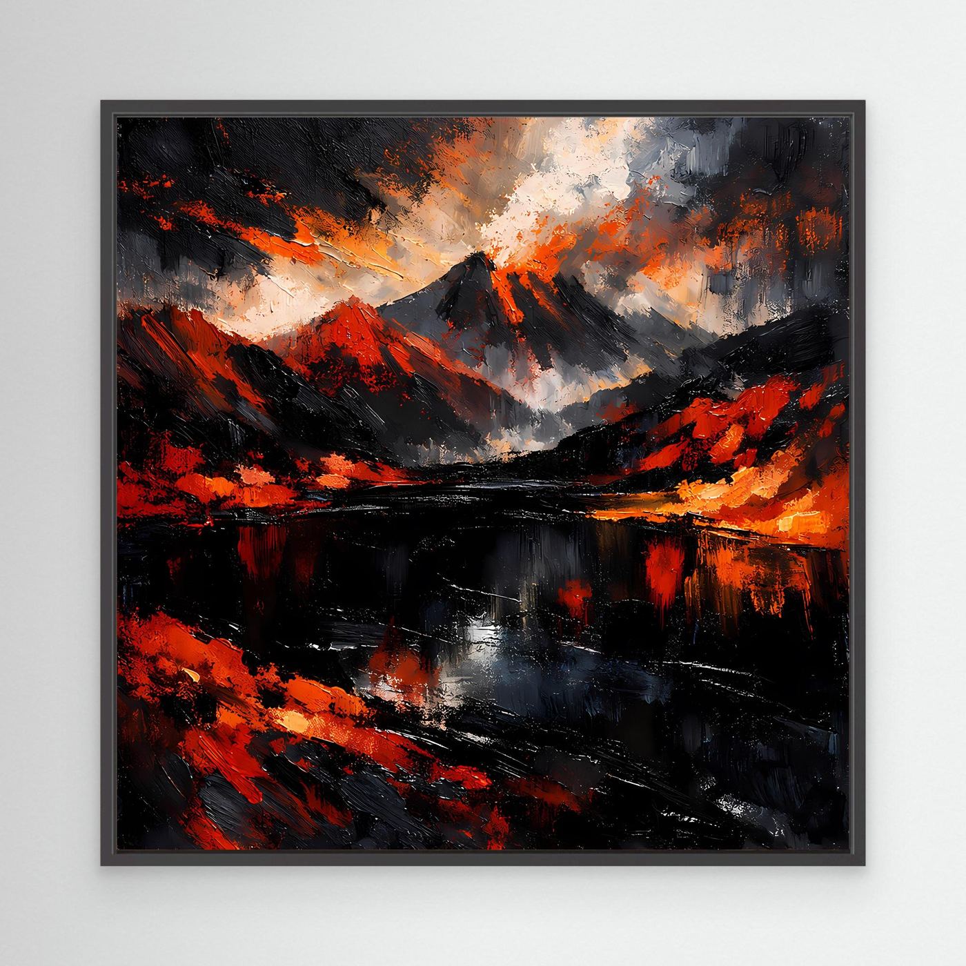 Abstraktes Leinwandbild im schwarzen Rahmen, Vulkan- und Wasser-Motiv in Schwarz, Rot und Grau