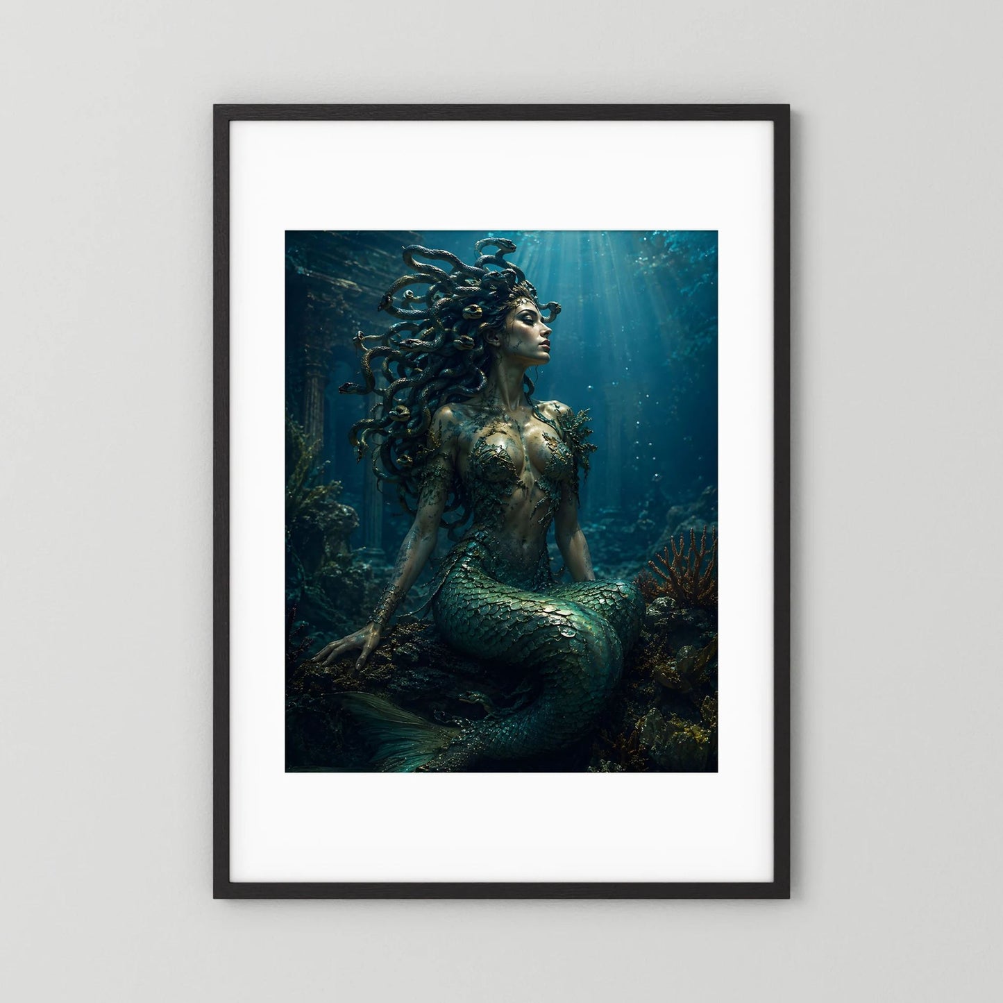 Fantasy-Poster mit Meerjungfrau in Smaragd & Türkis, Schlangenhaar, schwarzer Rahmen