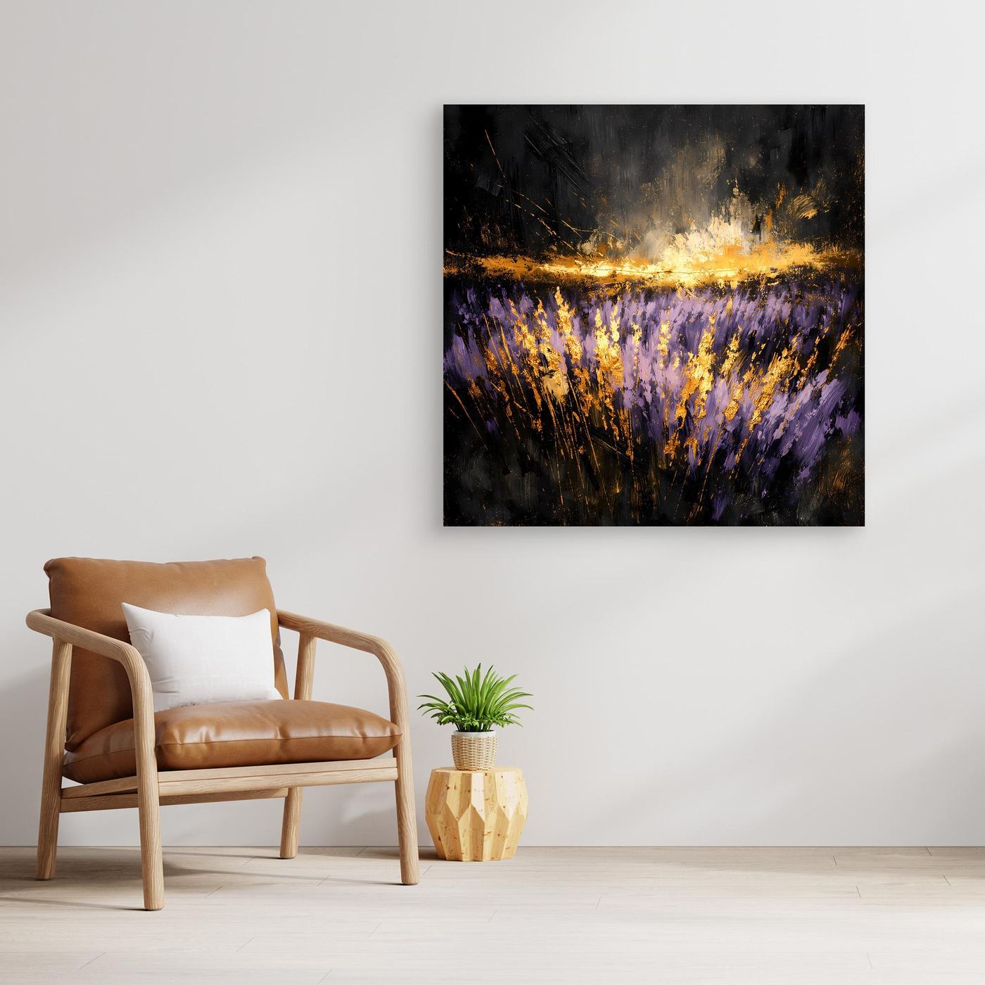 Leinwand Mystisches Lavendelfeld bei Nacht | Abstraktes Natur Wandbild Moderne Kunst