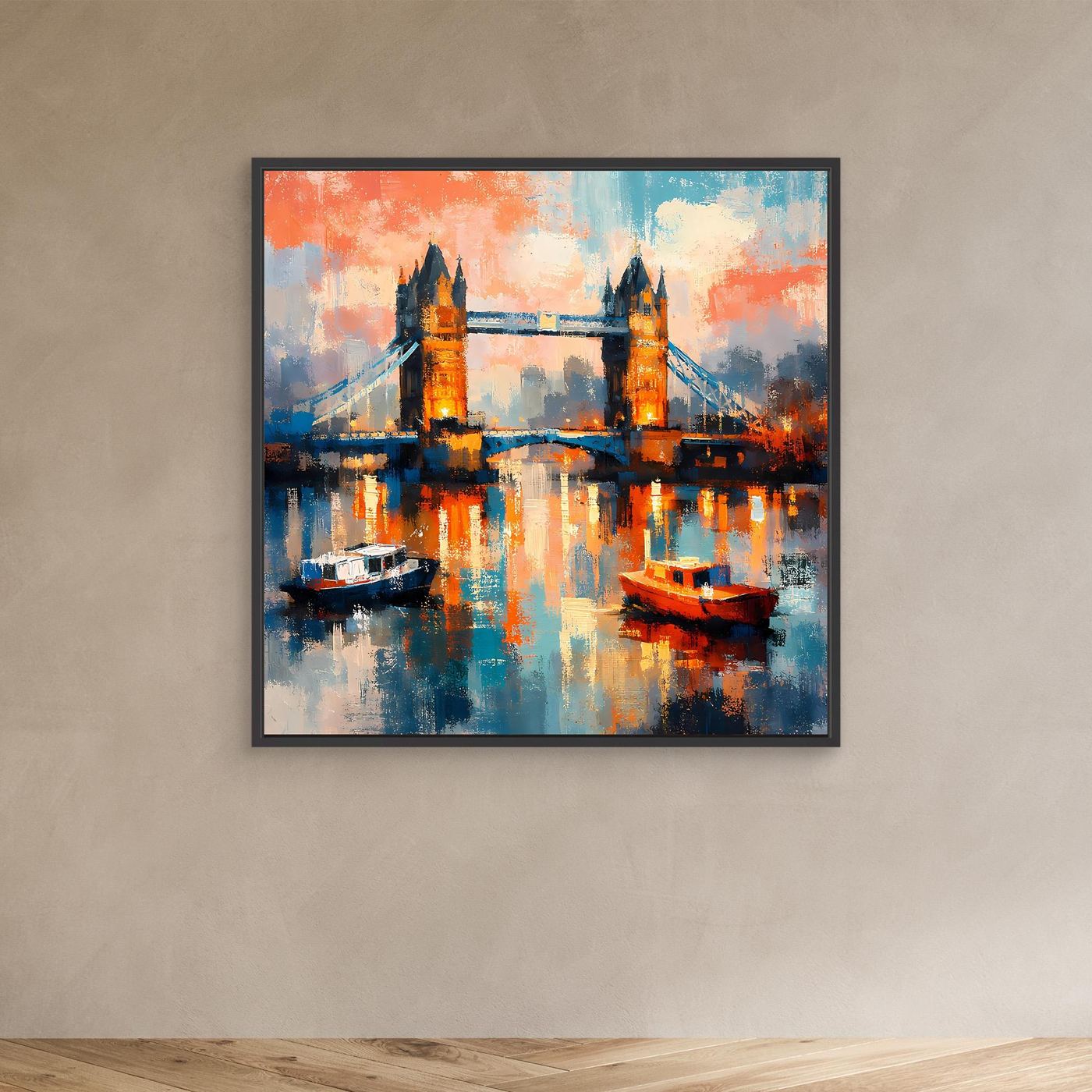 Gerahmtes Leinwandbild mit abstrakter Tower-Bridge bei Nacht und Spiegelung im Wasser