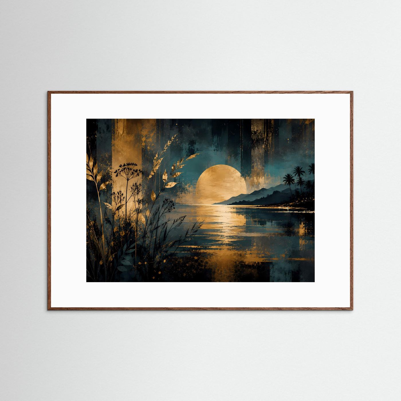 Poster Querformat mit dunklem Holzrahmen: Tropische Küste bei Sonnenuntergang