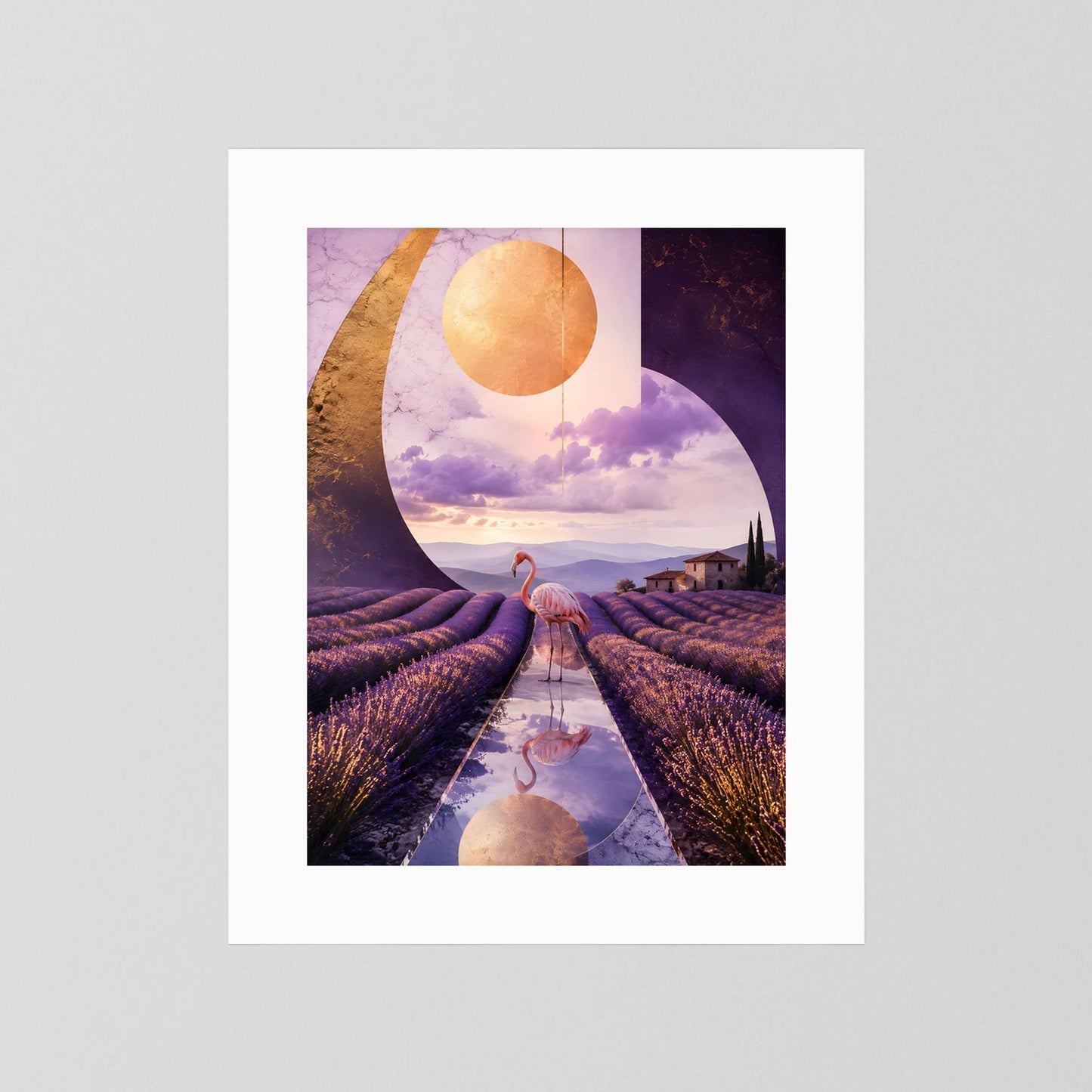 Kunstposter Flamingo im Lavendelfeld, violette surreale Landschaft, ohne Rahmen
