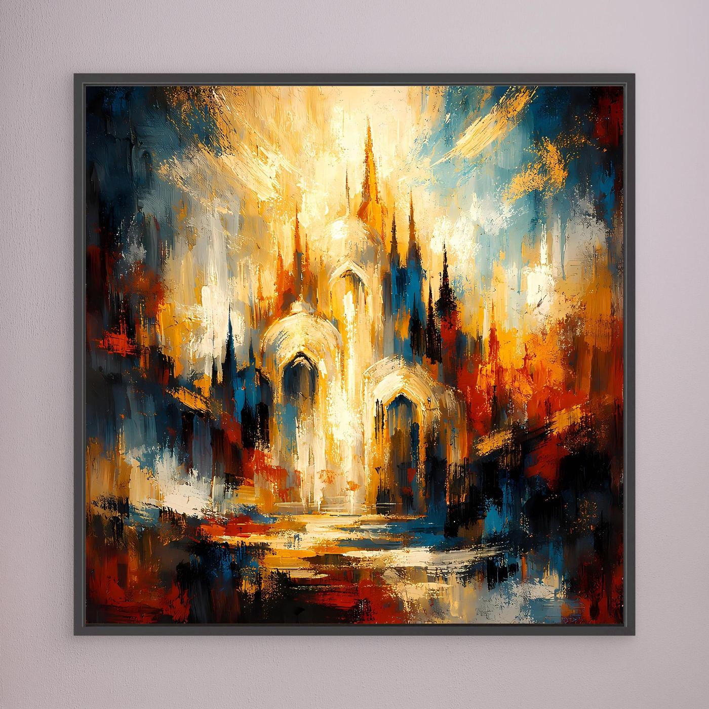 Gerahmtes Leinwandbild mit abstrakter Kathedrale, goldene Lichterscheinung, Blau und Rot