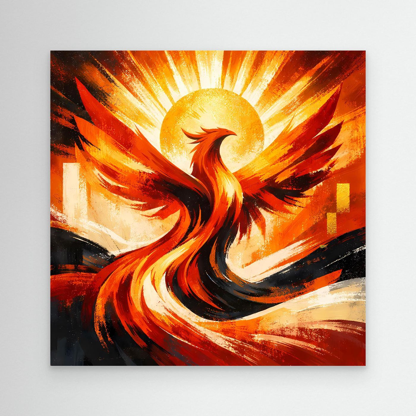 Leinwandbild: strahlender Phönix in Rot-, Gelb- und Schwarztönen mit goldener Sonne