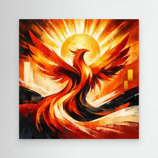 Leinwandbild: strahlender Phönix in Rot-, Gelb- und Schwarztönen mit goldener Sonne