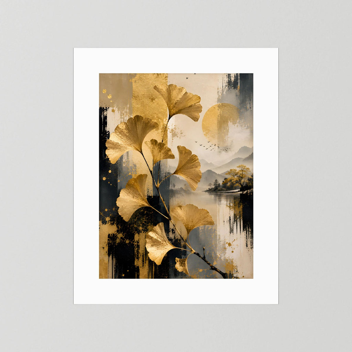 Abstraktes Ginkgo-Kunstposter mit weißem Rand, goldene Blätter in schwarz-beigen Tönen