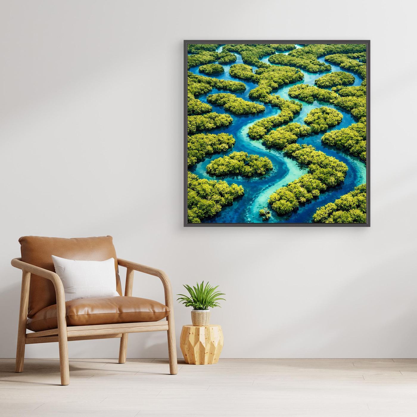 Gerahmtes Leinwandbild: grünes Wasserlabyrinth mit blauen Flussarmen, abstrakte Naturoptik