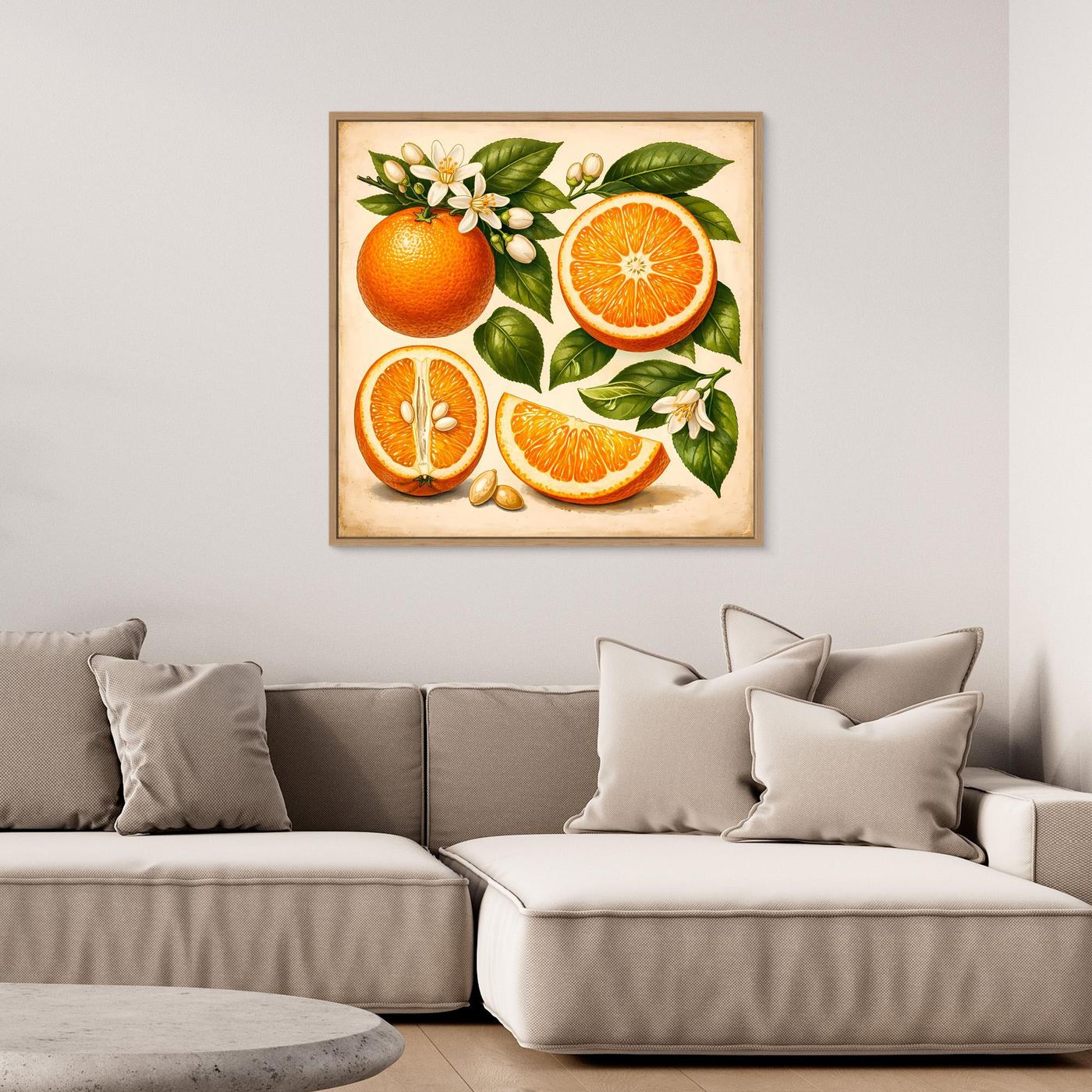 Leinwandbild mit Zitrusfrüchten: Orangenhälften, Blätter und Blüten, Holzrahmen