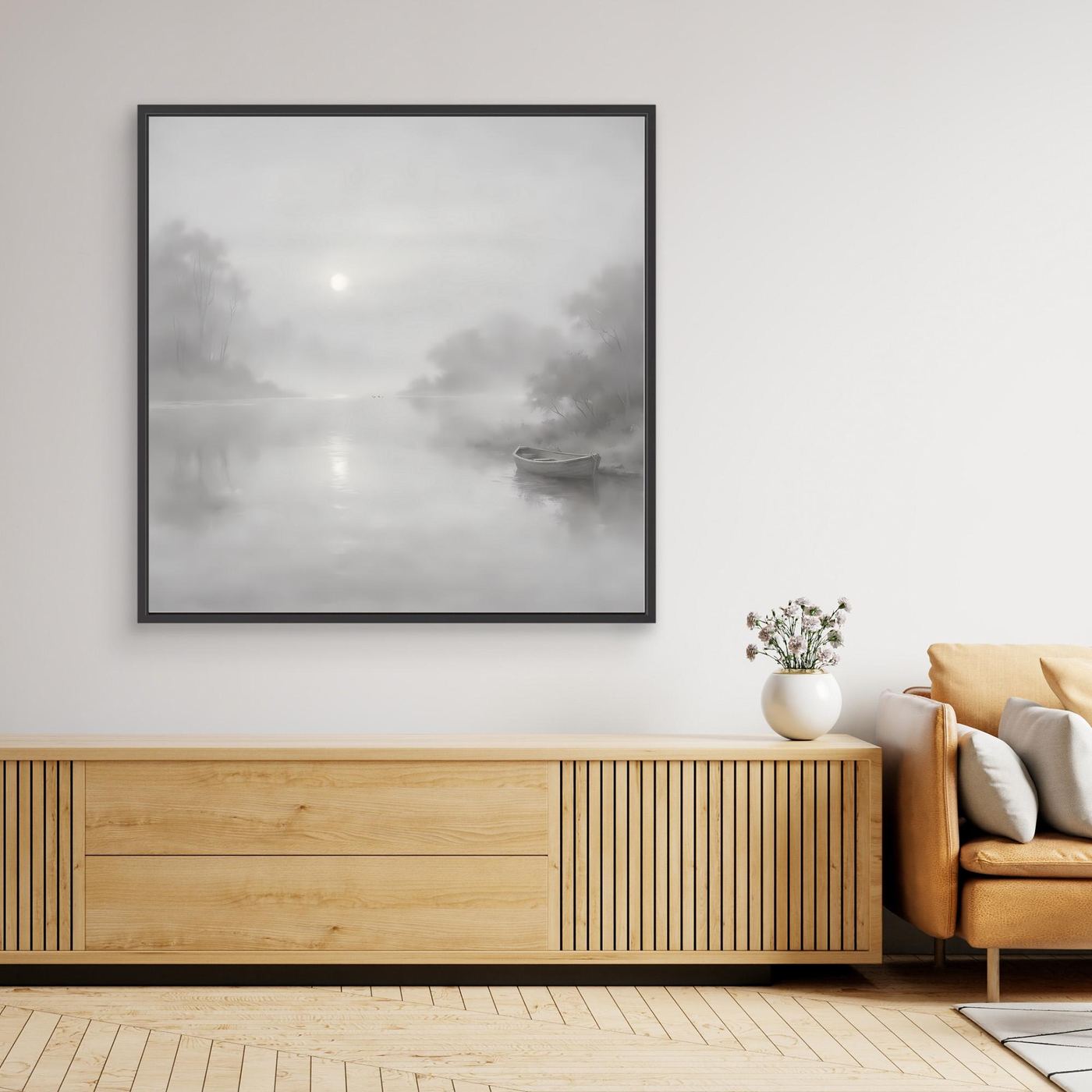 Leinwandbild mit nebligem Flussmotiv in Grau, schwarz gerahmt