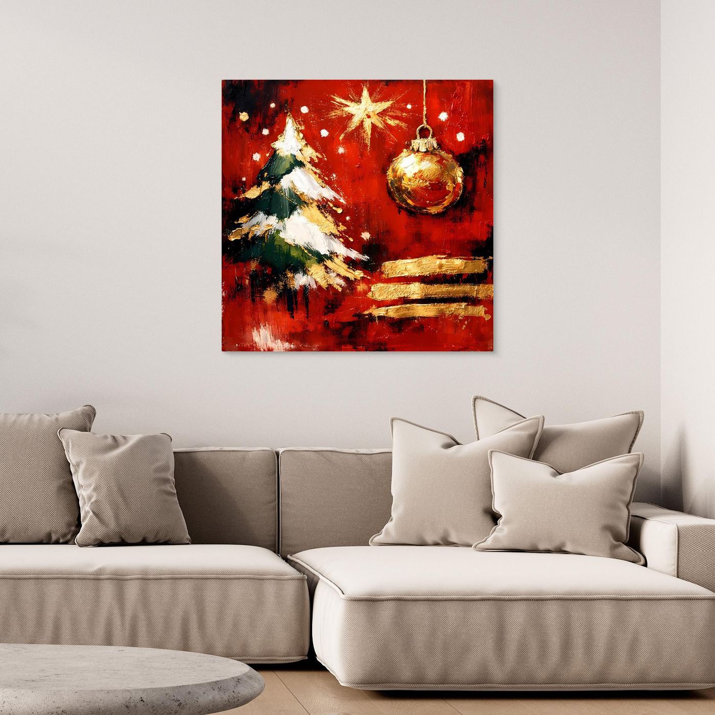 Gerahmtes Wandbild mit abstraktem Weihnachtsbaum, Stern und goldenen Kugeln auf Rot