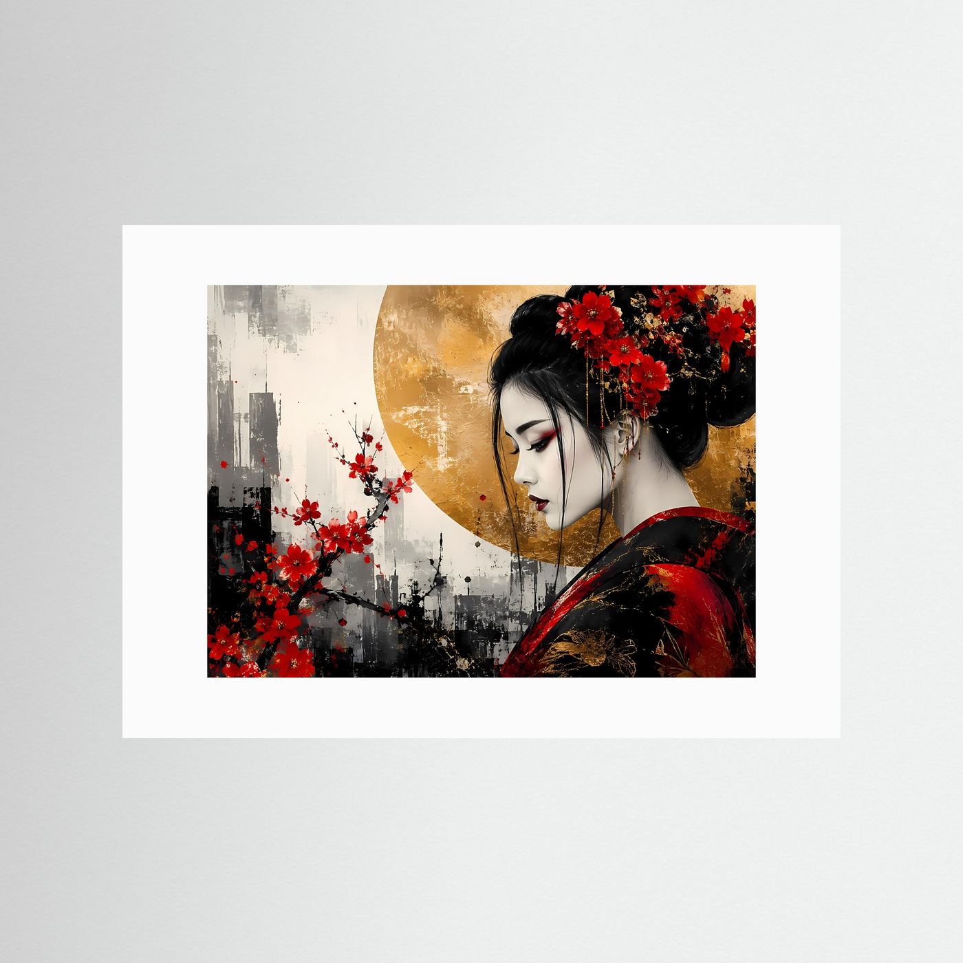 Geisha-Wandbild mit weißem Passepartout: Geisha in Rot, rote Blüten im schwarzen Haar.