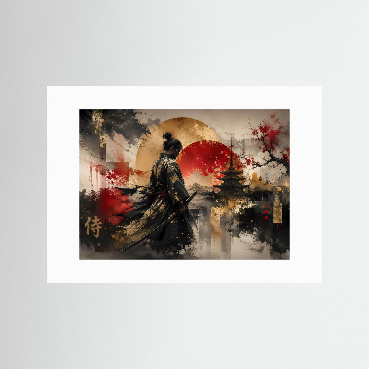 Poster mit weißem Passepartout: Samurai-Krieger in Schwarz mit Katana vor roter Sonne
