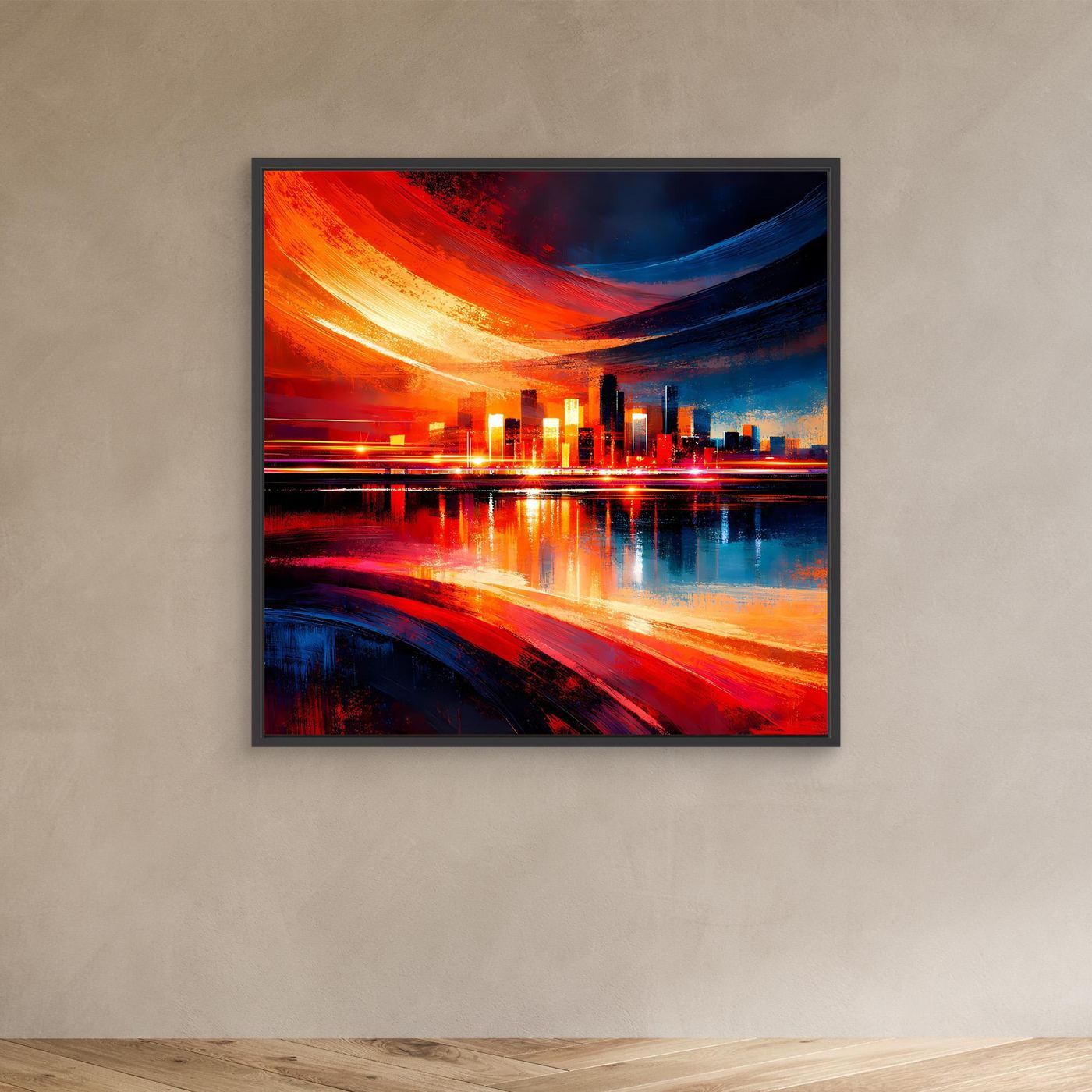Abstraktes Skyline-Leinwandbild mit schwarzem Rahmen, Lichtspuren in Orange, Rot und Blau