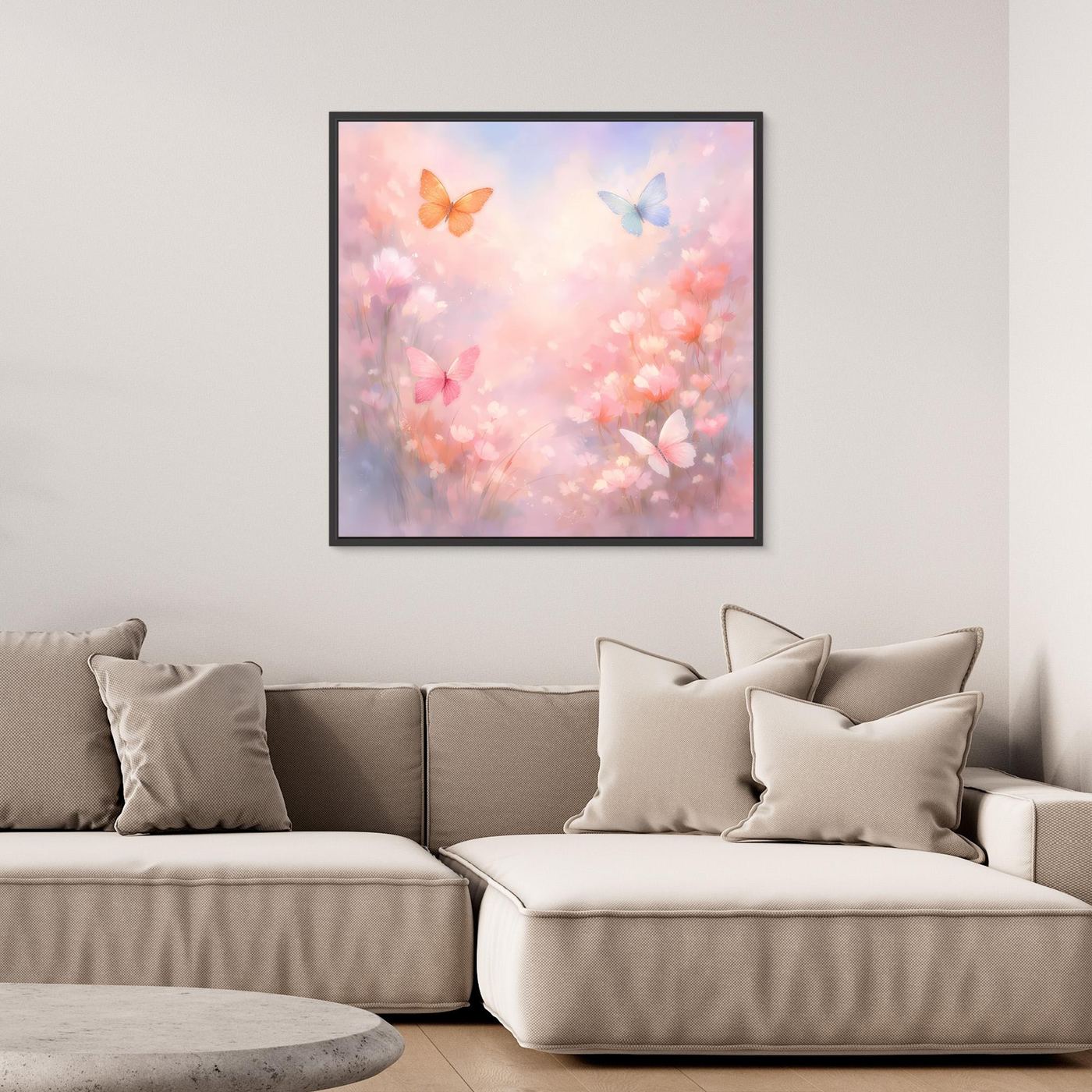 Leinwandbild mit Schmetterlingen im Pastell-Look, mit schwarzem Rahmen.