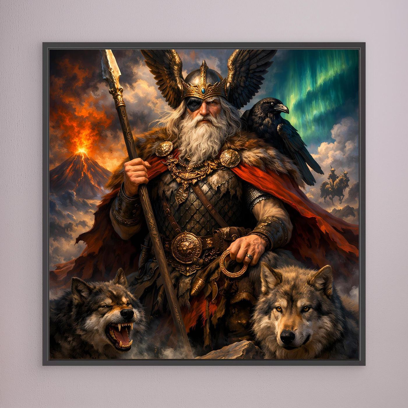 Leinwand Göttervater Odin mit Wölfen und Rabe | Mythologisches Wikinger Wandbild