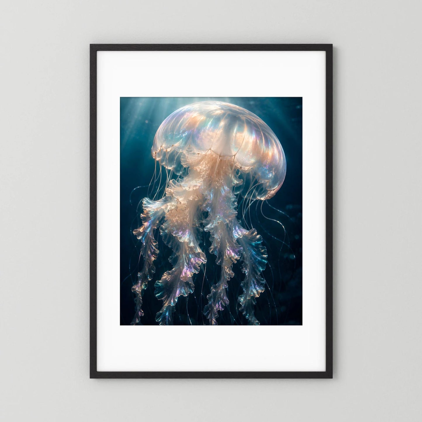 Kunstposter im Hochformat mit leuchtender Qualle, schwarzer Bilderrahmen