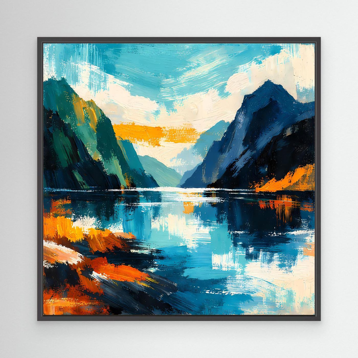 Abstraktes Leinwandbild mit Fjord-Landschaft, Berge und Spiegelung in Blau-Orange, schwarz gerahmt.