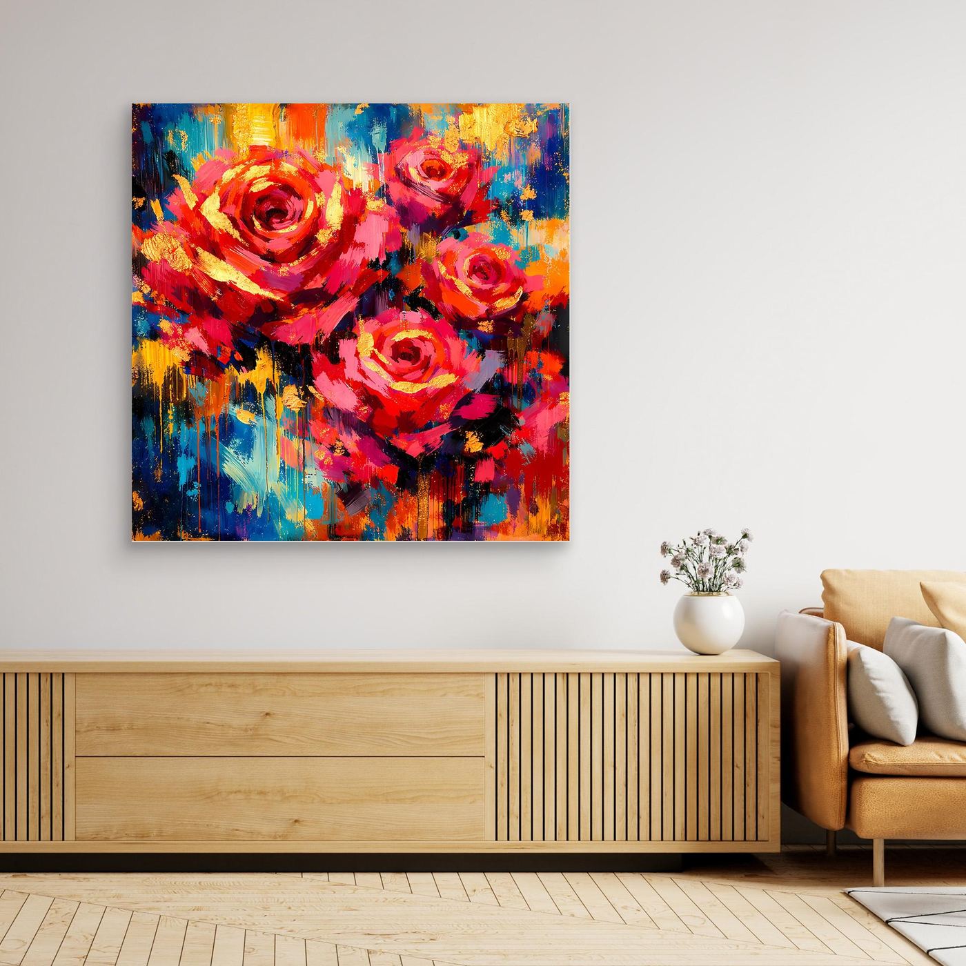 Quadratisches Leinwandbild mit abstrakten Rosen in Rot, Blau und Gelb, Holzrahmen