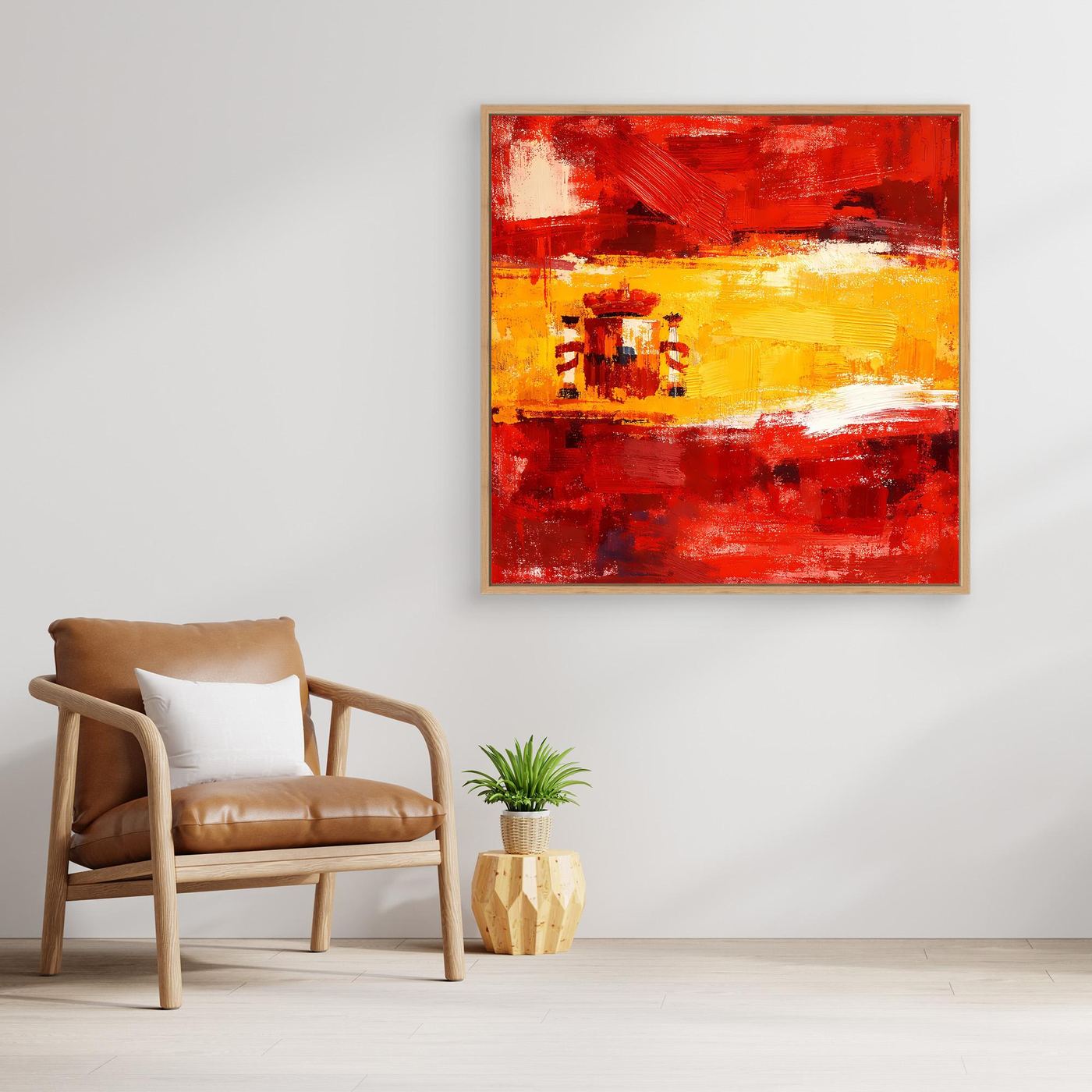 Red and yellow abstract flag canvas wall art with crest-like emblem, square composition