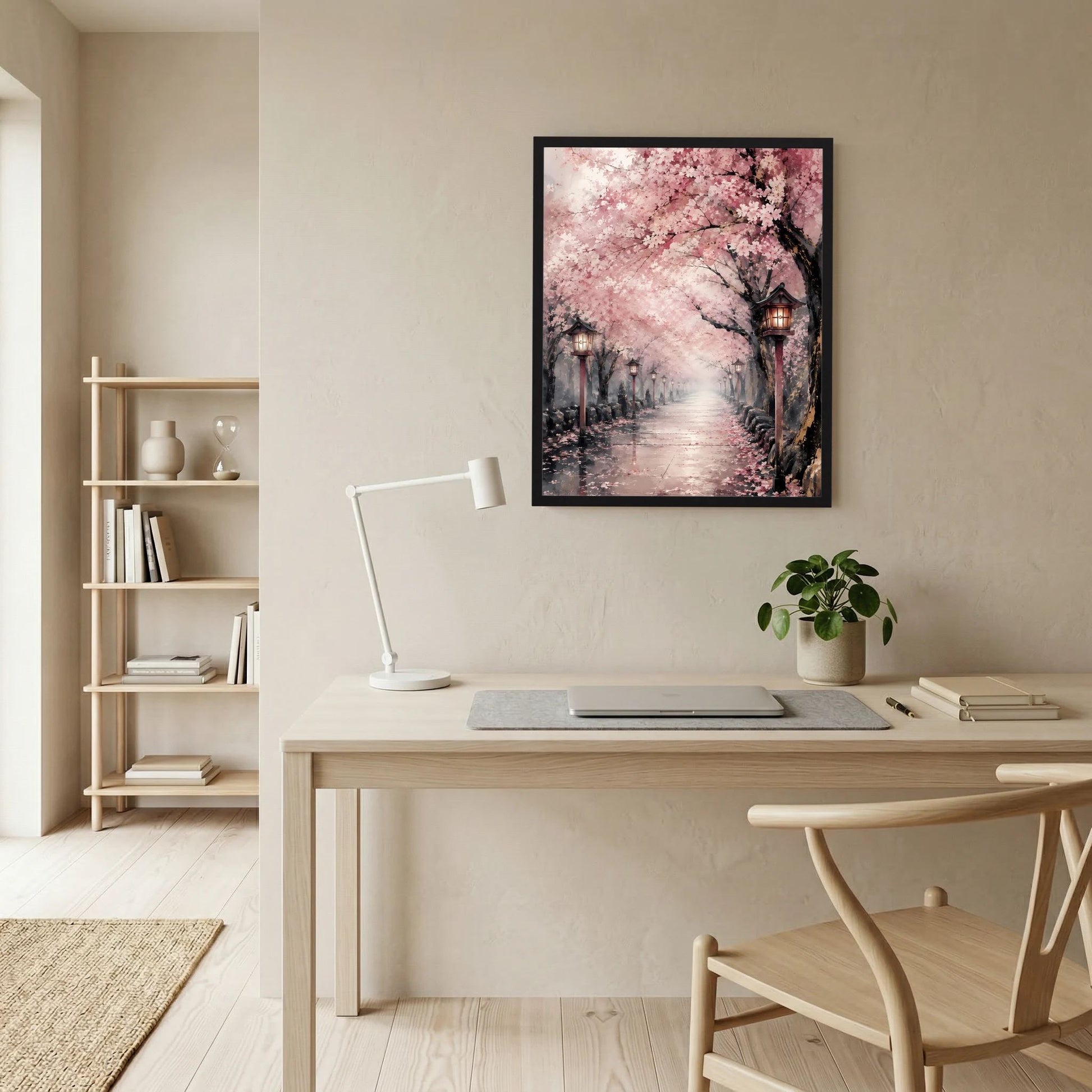 Hochformatposter mit schwarzem Rahmen: Kirschblütenallee mit Laternen in der Ferne