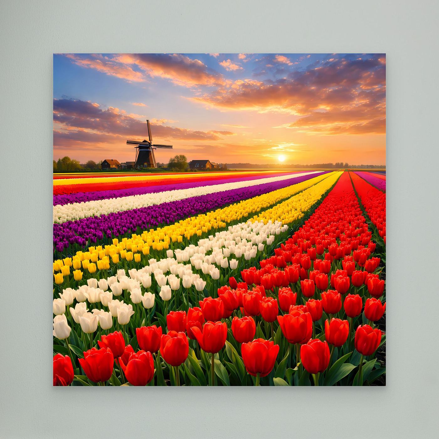 Leinwandbild mit buntem Tulpenfeld und Windmühle bei Sonnenuntergang, ohne Rahmen