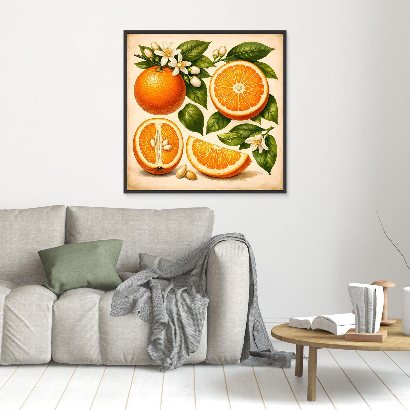 Kleines Leinwandbild mit Vintage-Orangen und Zitrusfrüchten im schwarzen Rahmen