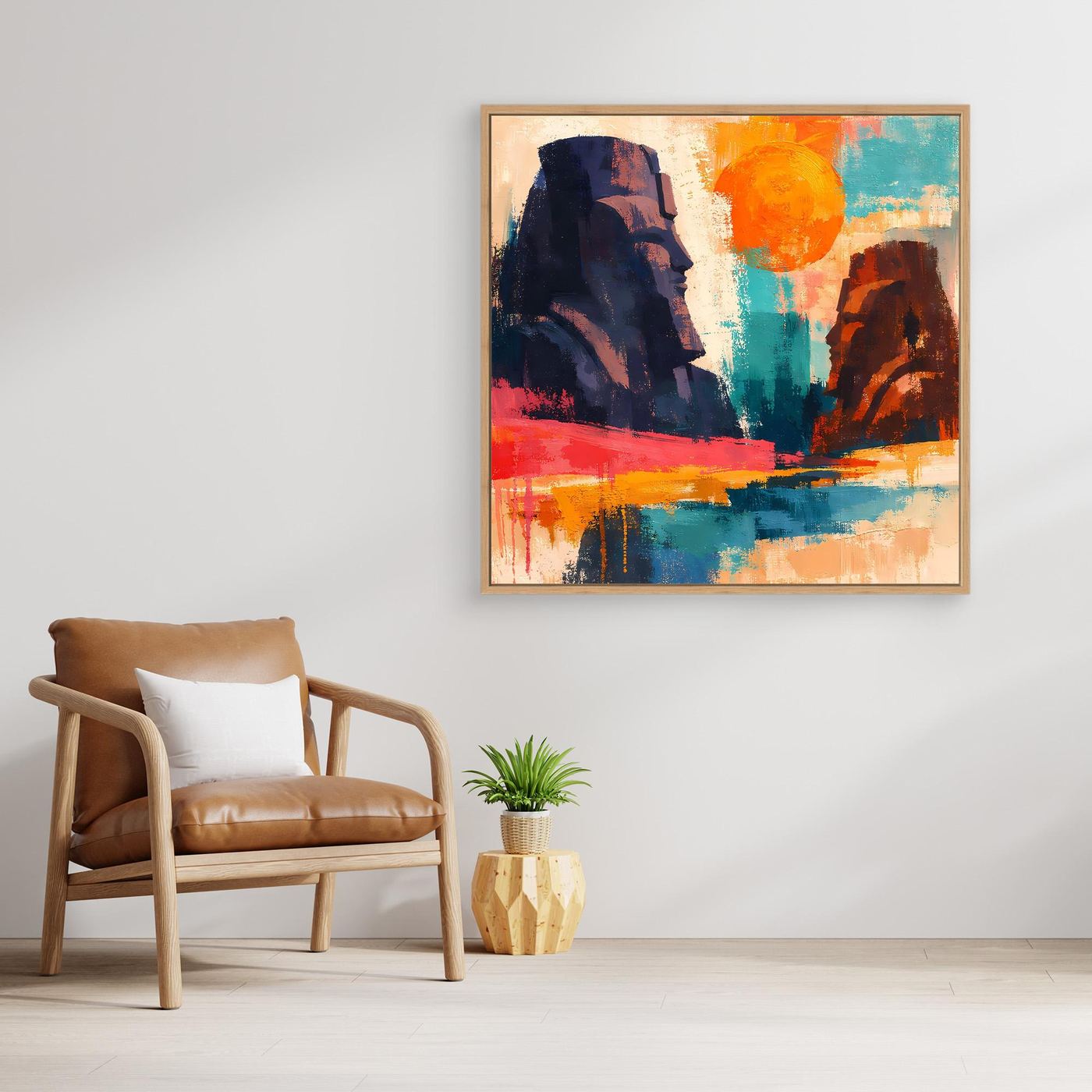 Leinwand-Wandbild mit abstrakten ägyptischen Figuren und hellem Holzrahmen