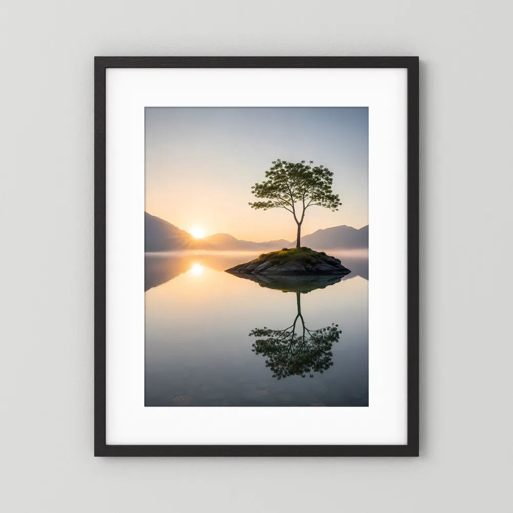 Poster im schwarzen Rahmen: einzelner Baum mit Reflexion im ruhigen See bei Sonnenaufgang