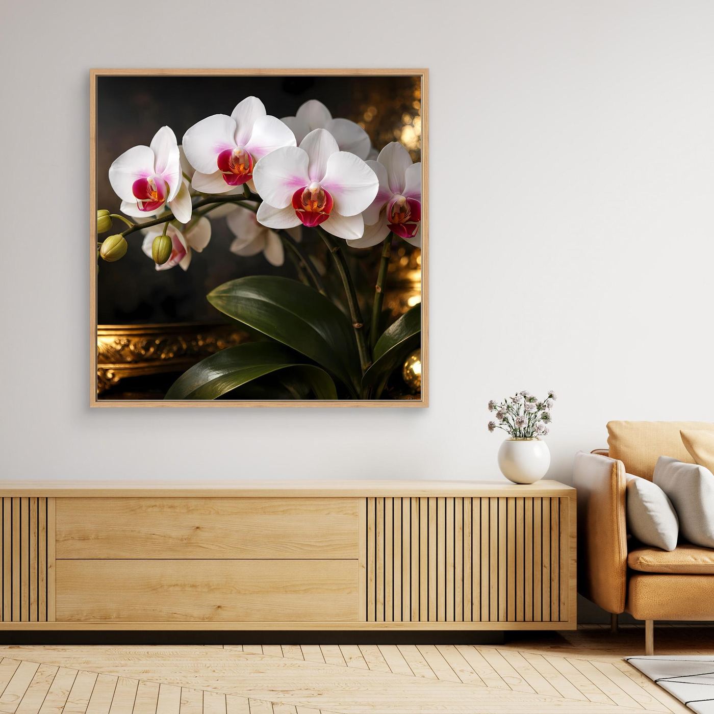 Orchideenblüten-Wandbild auf Leinwand, weiße Blüten, golden-brauner Rahmen