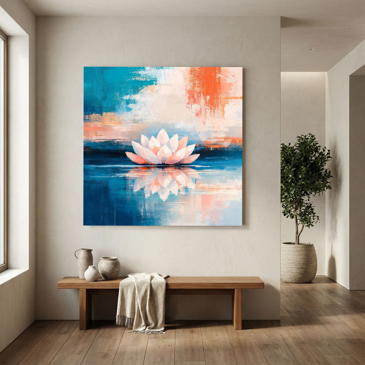 Lotusblüte auf Wasser: quadratisches Leinwandbild mit blauem und orangefarbenem Hintergrund