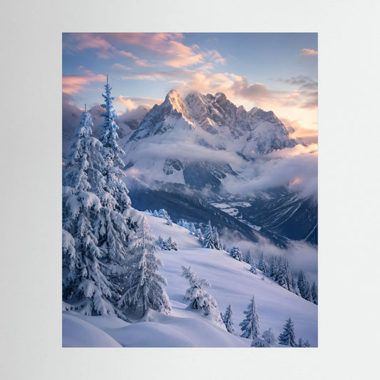 Hochformat-Landschaftsposter mit verschneiten Alpen und Tannen im Sonnenaufgang
