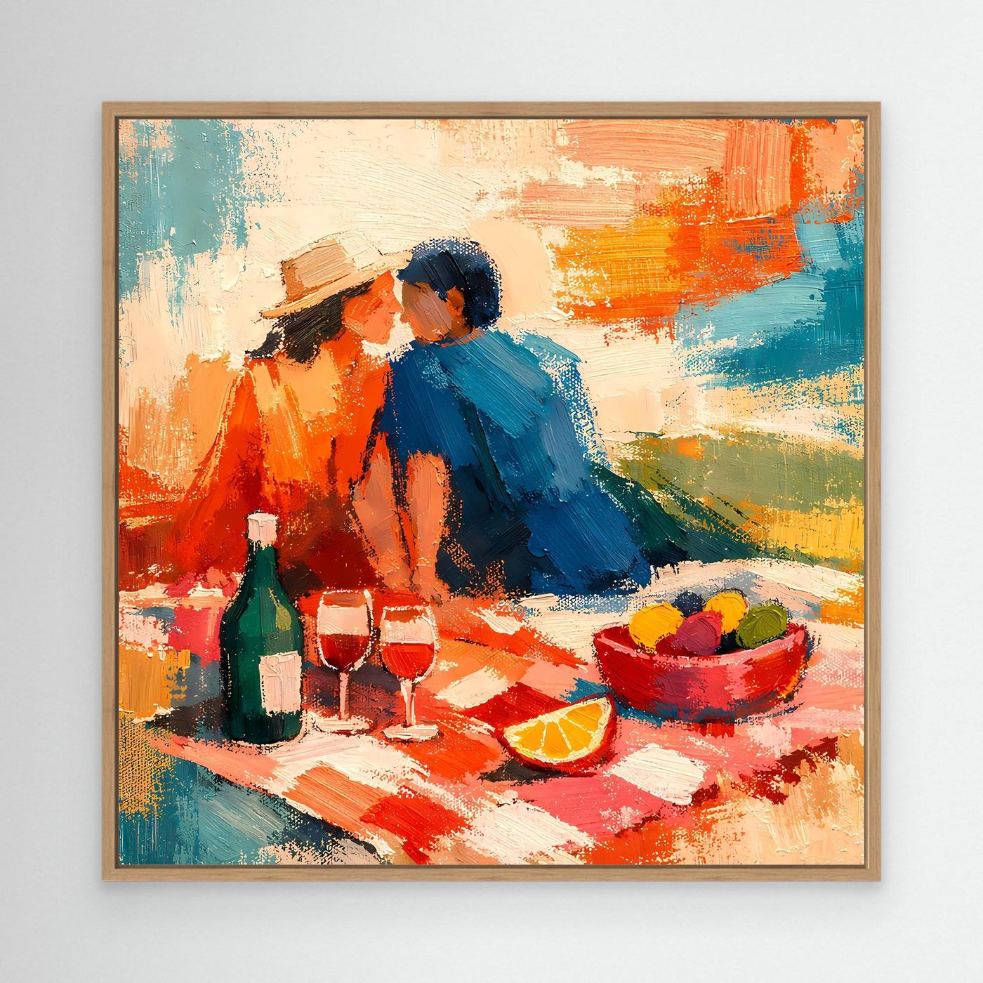 Leinwand-Wandbild im Eichenrahmen: abstraktes Picknick-Paar, Orange/Blau, Gläser