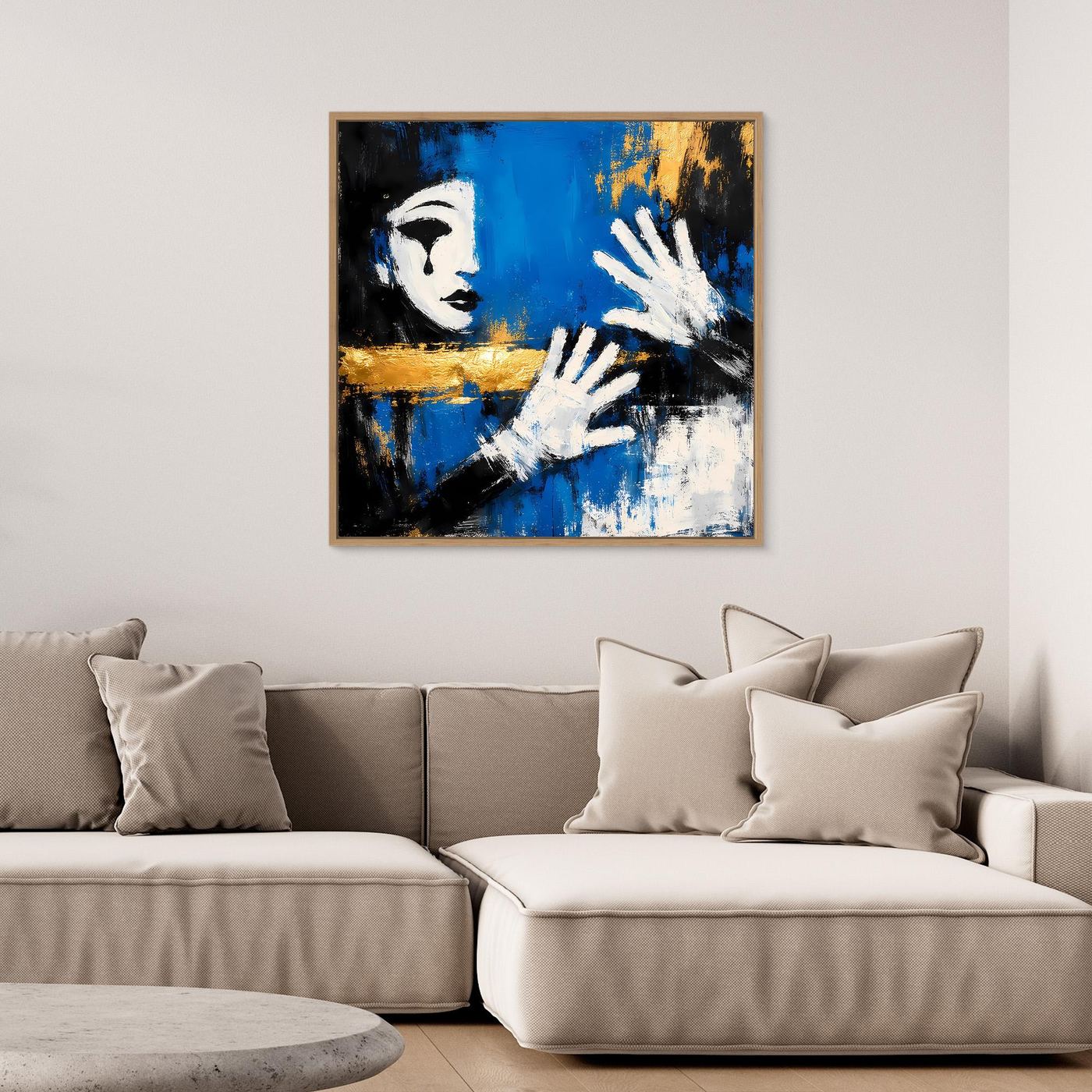 Leinwand Melancholischer Mime in Blau | Abstraktes Pierrot Wandbild Gold