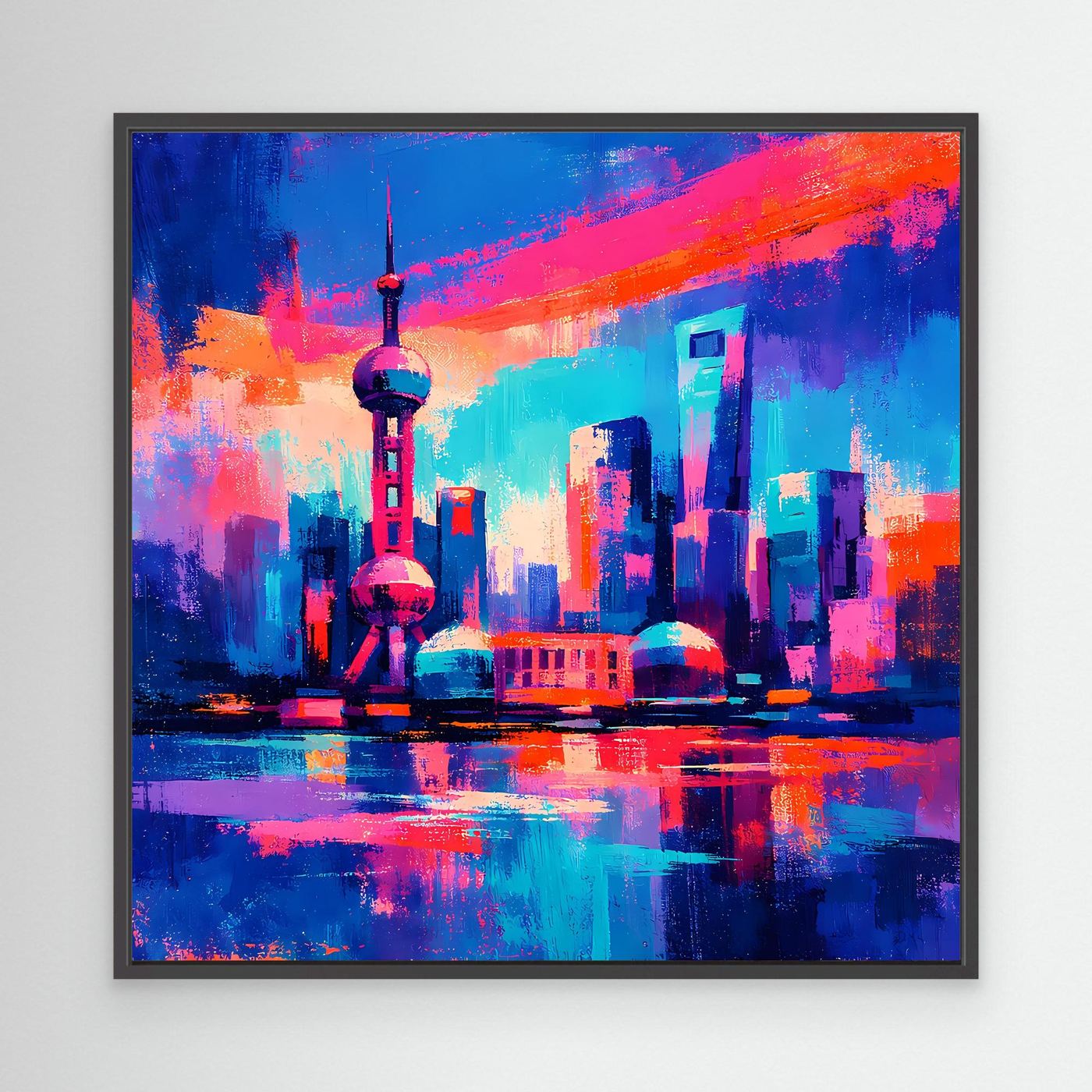 Leinwandbild mit abstrakter Neon-Skyline im schwarzen Rahmen, pink-blau, spiegelndes Wasser