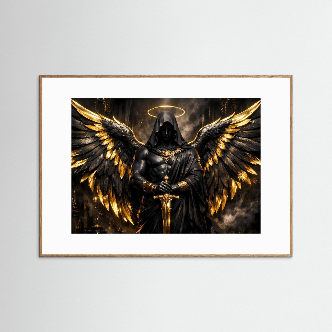 Dunkler Engel mit Goldflügeln & Schwert | Mystisches Wandbild Querformat