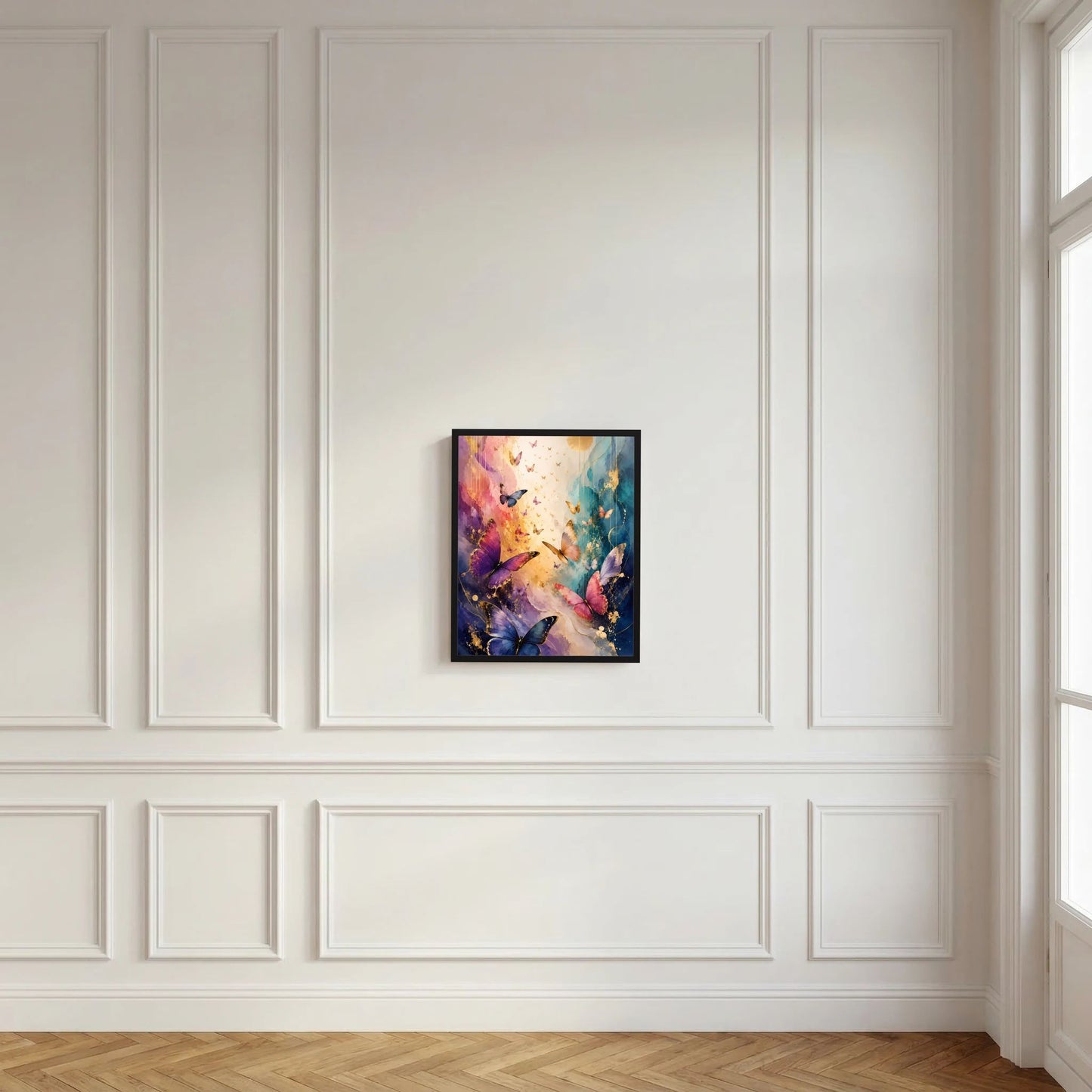 Gerahmtes Hochformat-Poster mit bunten Schmetterlingen in Blau, Rosa und Gold vor heller Wand.