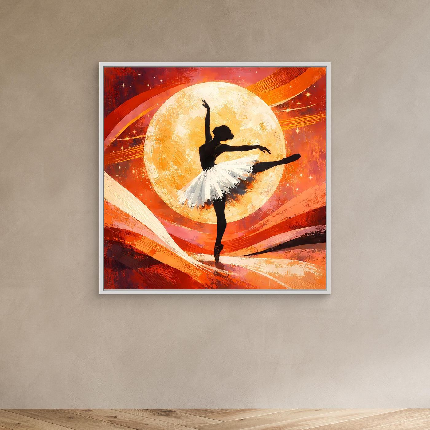 Leinwandbild mit Ballerina-Silhouette vor gelber Mondsichel, weißer Rahmen, an der Wand