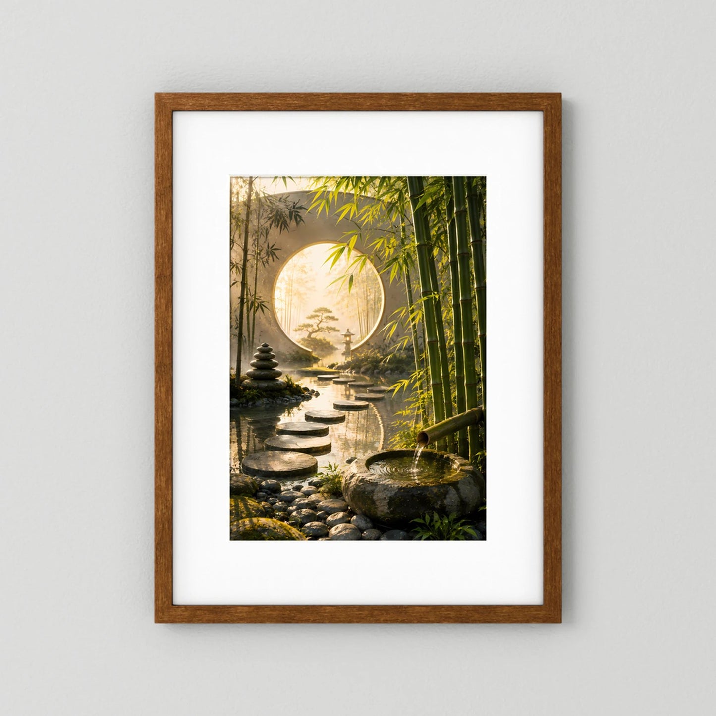 Hochformat-Poster Zen-Garten mit Bambus, Trittsteinen und rundem Mondtor, brauner Holzrahmen