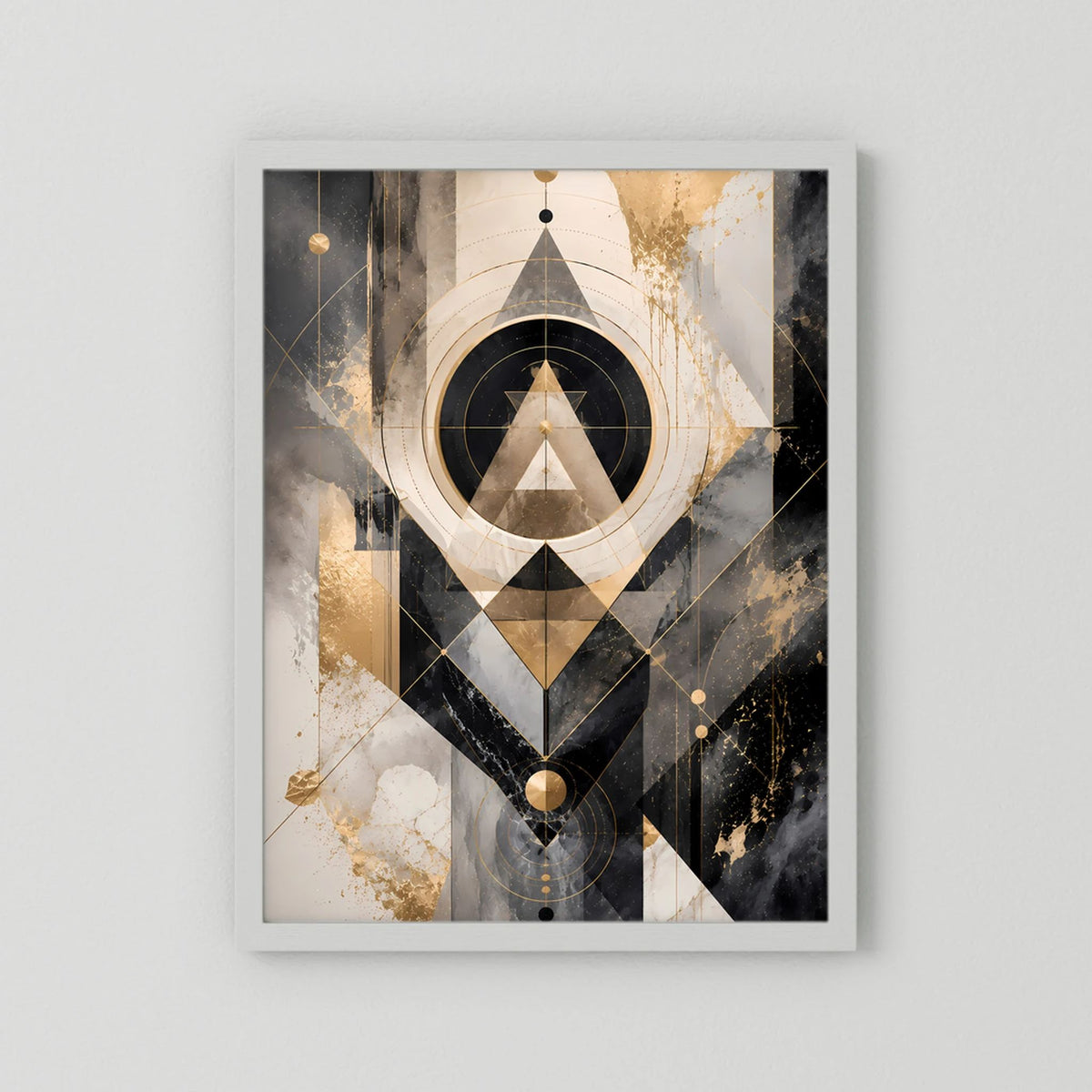 Abstraktes Kunstposter im Hochformat mit geometrischen Motiven in Schwarz, Gold und Beige, weiß gerahmt.