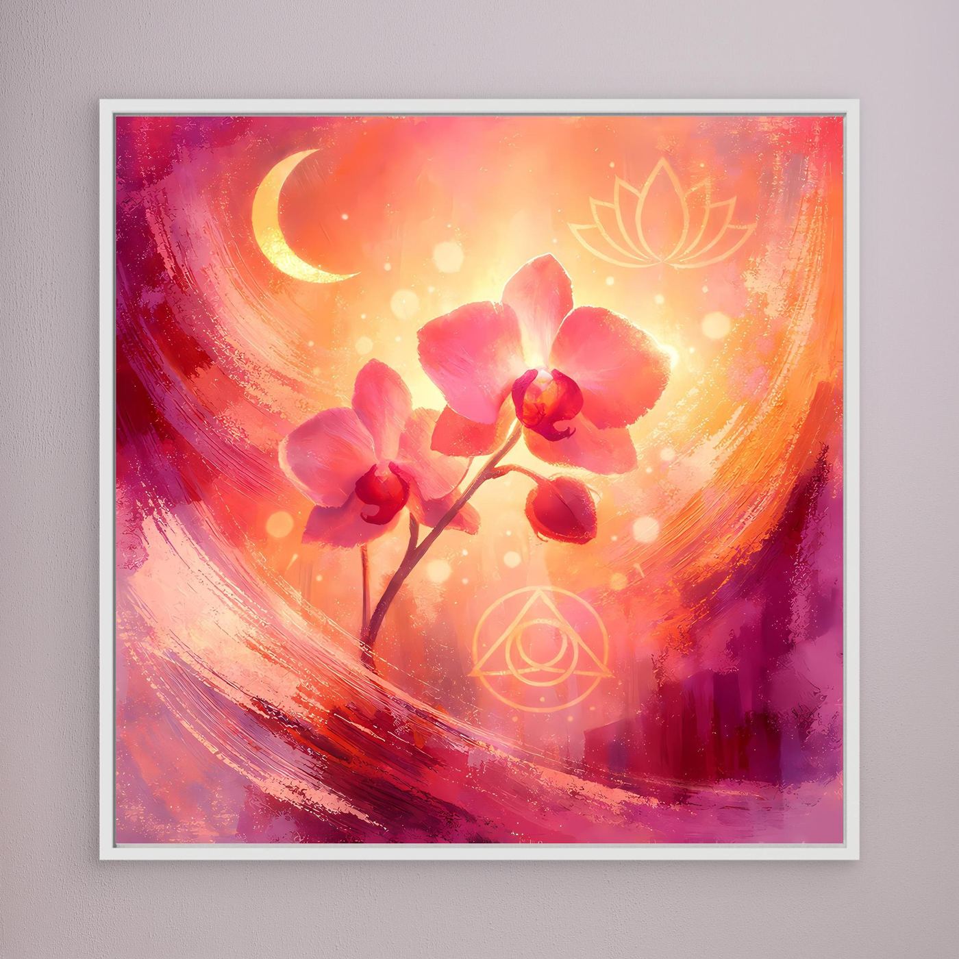 Wandbild mit abstrakten Orchideen, Mondsichel und Lotus-Symbolen, im weißen Rahmen