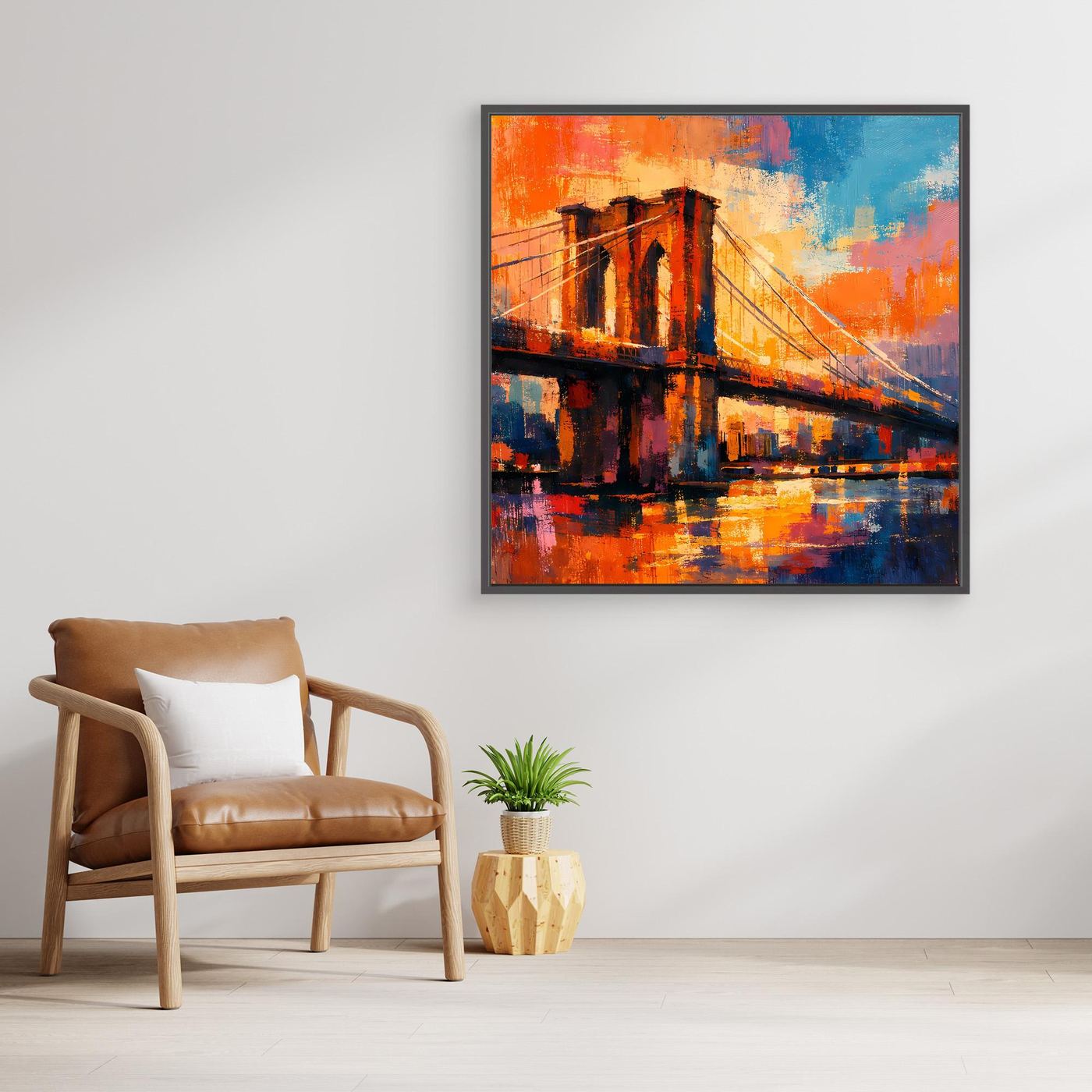 Gerahmtes Leinwandbild mit abstrakter Brooklyn-Bridge in warmem Orange und kühlem Blau