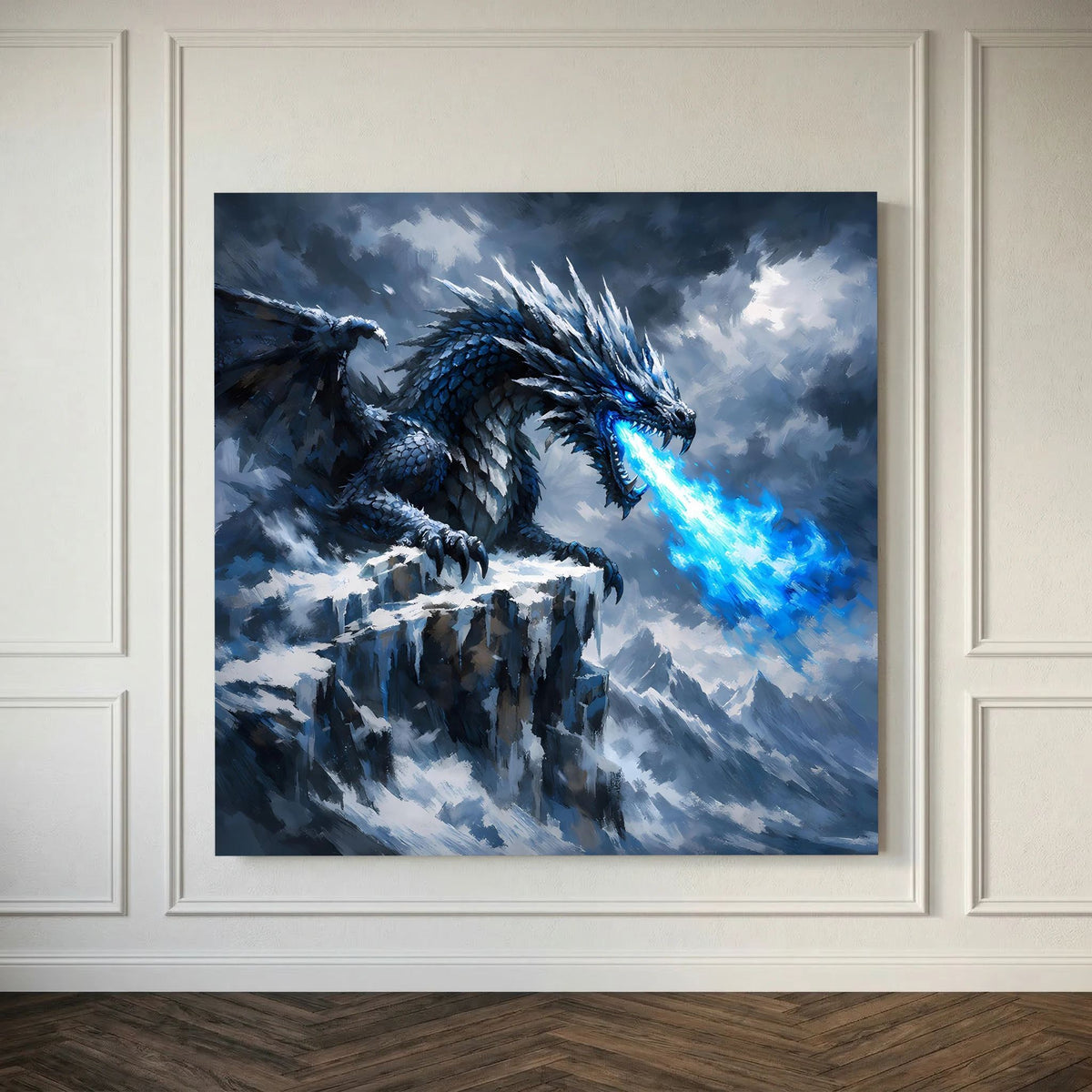 Fantasy-Leinwandbild im Rahmen: blauer Eisdrache auf Berggipfel mit Eisstrahl