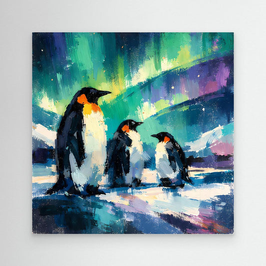 Canvas wall art of three penguins with aurora lights over a snowy seascape