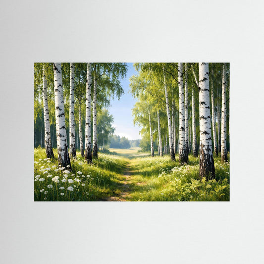 Naturposter mit Birkenwald und Wiesenweg, querformatig gedruckt