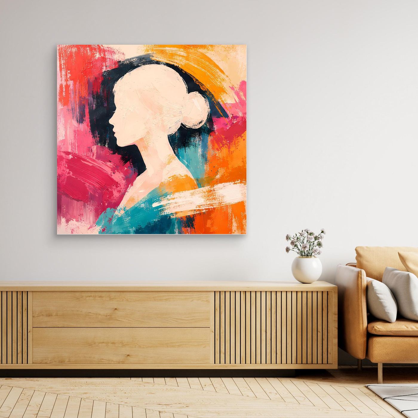 Abstract canvas wall art with a woman silhouette in red, teal, and orange, without frame.